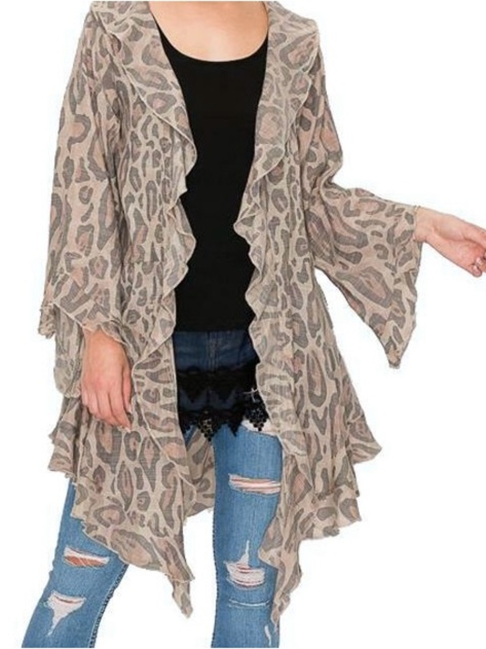 Origami Womens Cardigan 3/4 Sleeve Ruffle Duster Open Front Leopard Print L/XL